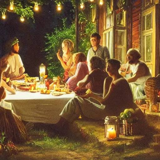 Image similar to a bohemian group of people performing rich meal by candlelight on the veranda among the greenery in summer