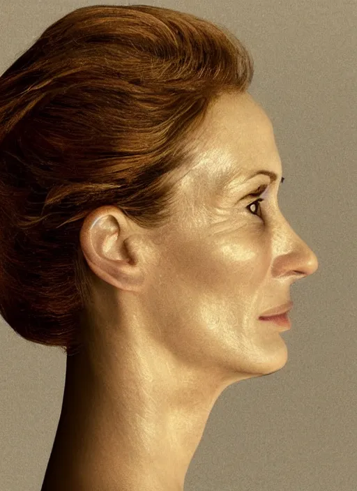 Image similar to a julia roberts face in profile made of honey skeleton in the style of the dutch masters and gregory crewdson dark and moody