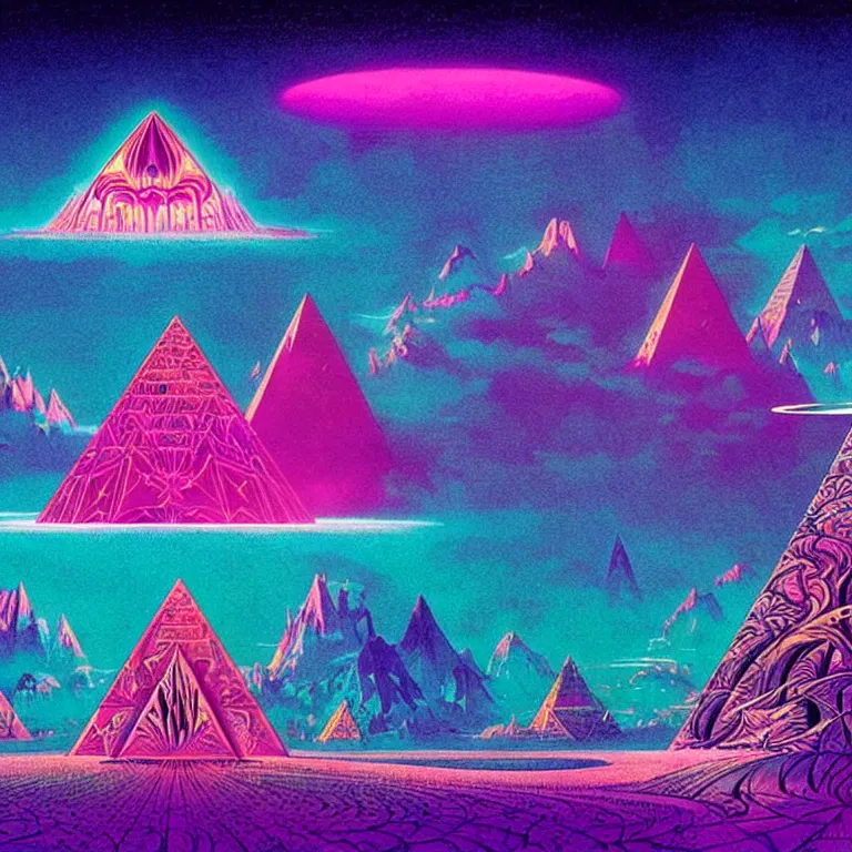 Image similar to mysterious ufo hovers over mythical crystal pyramid, fractal waves, pink ringed moon, bright neon colors, highly detailed, cinematic, eyvind earle, tim white, philippe druillet, roger dean, ernst haeckel, lisa frank, aubrey beardsley