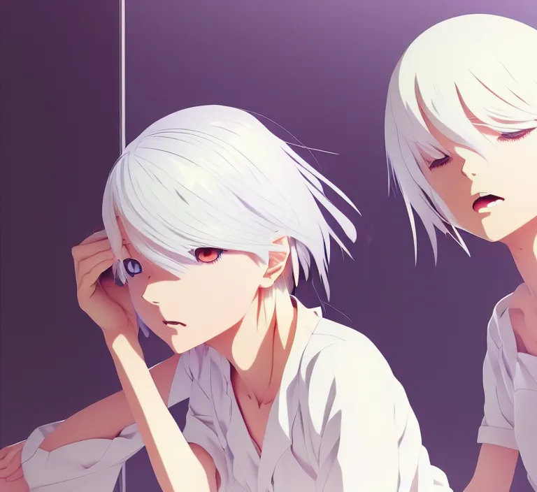 Image similar to anime visual, a young woman with white hair in her room interior, cute face by ilya kuvshinov, yoshinari yoh, makoto shinkai, katsura masakazu, dynamic perspective pose, detailed facial features, kyoani, rounded eyes, crisp and sharp, cel shade, anime poster, ambient light