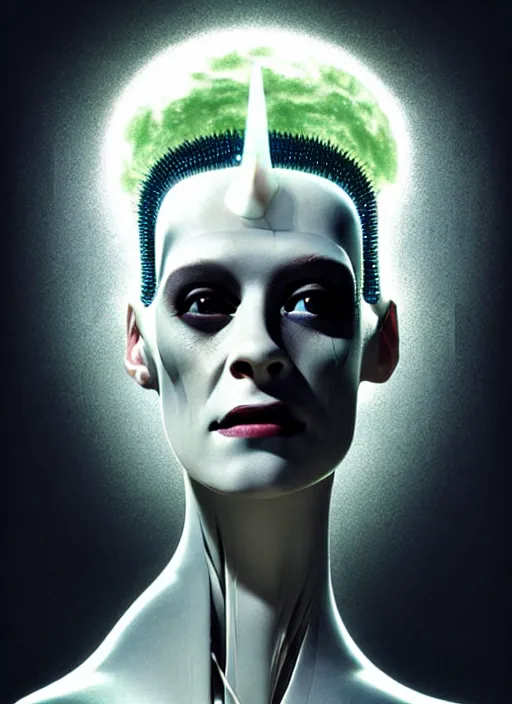 Prompt: portrait of kristen mcmenamy as a beautiful gentle futuristic bride of frankenstein from the movie bride of frankenstein, kintsugi, modern fine art, fractal, intricate, elegant, highly detailed, digital photography, subsurface scattering, by jheronimus bosch and greg rutkowski, still from the movie ex machina
