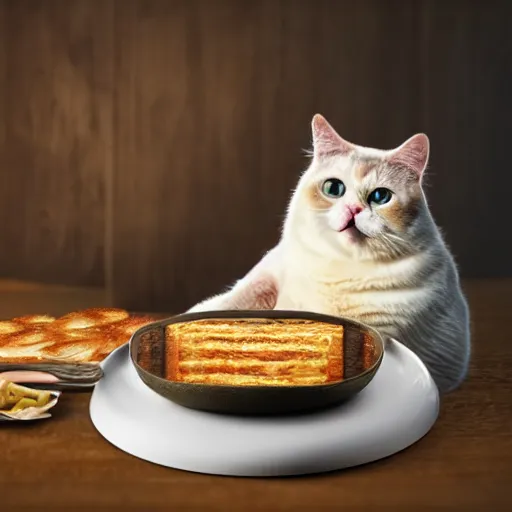 Image similar to cute fat cat sitting in front of ramen noodles on toast, photo realistic