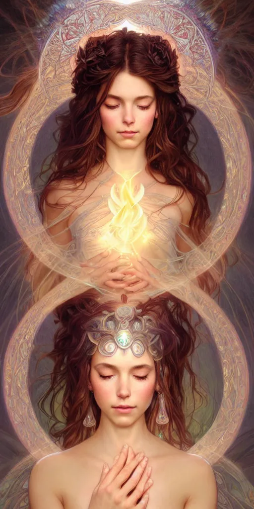 Image similar to fairy queen goddess feminine face meditation!! murky lighting, wind blowing, full body portrait, blessed by nature, physical mental perfection, symmetrical! intricate, sensual, highly detailed, biblical divine holy perfection!! digital painting, artstation, concept art, smooth, sharp focus, by artgerm and greg rutkowski and alphonse mucha