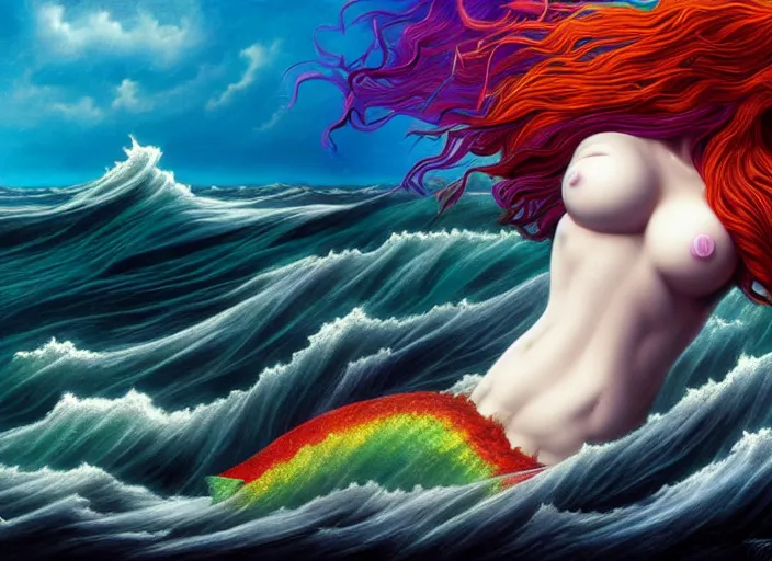 Image similar to realistic detailed image of a mermaid with rainbow hair swimming in an angry, stormy sea, anime art, anime, inspired by Mark Ryden and Zdzislaw Beksinski and Zdzislaw Beksinski, gothic, rich deep colors. A masterpiece.