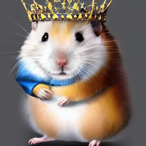 Prompt: Digital painting of a king hamster with a crown and a coat, highly-detailed, artstation cgsociety masterpiece