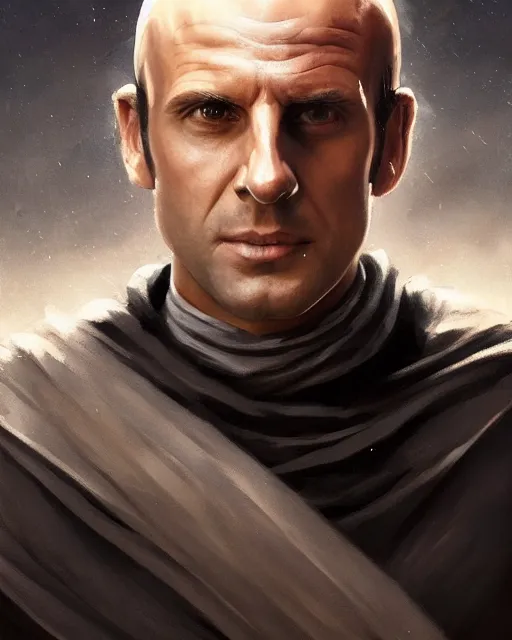 Image similar to painting portrait of Emmanuel Macron dressed as Arcann in Star Wars, sharp focus, waist up, trending on ArtStation, masterpiece, by Greg Rutkowski, by Ross Tran, by Fenghua Zhong, octane, clear eyes, soft render, clear facial features, oil on canvas, moody lighting, cinematic, professional environment concept art