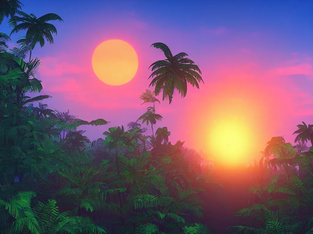 Image similar to Sunset in a dreamy and atmospheric jungle, retrowave