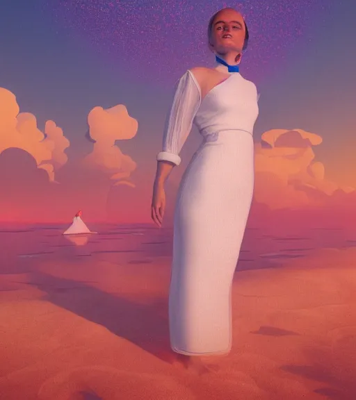 Prompt: a woman in a white dress standing in the water, an album cover by mike winkelmann, behance contest winner, cubo - futurism, synthwave, outrun, chillwave, trending on artstation