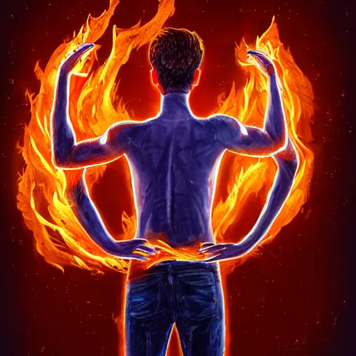 Prompt: beautiful young man from behind with flames coming out of hands flying at the end of the world, very detailed, realistic, symmetrical face, art by digital painting