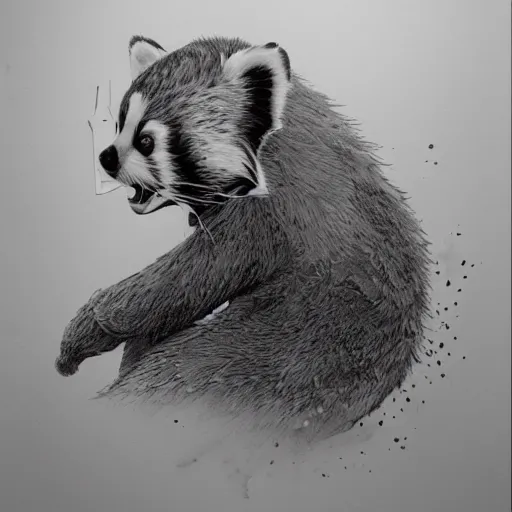 Image similar to highly detailed beautiful engraving of red panda, splash, sharp focus, dramatic, dynamic lighting, elegant, harmony, beauty, masterpiece, by riccardo federici, by james jean, by craig mullins, by lois van baarle, by makoto shinkai, by greg tocchini, by greg rutkowski, illustration, ink draw, pen, spatula