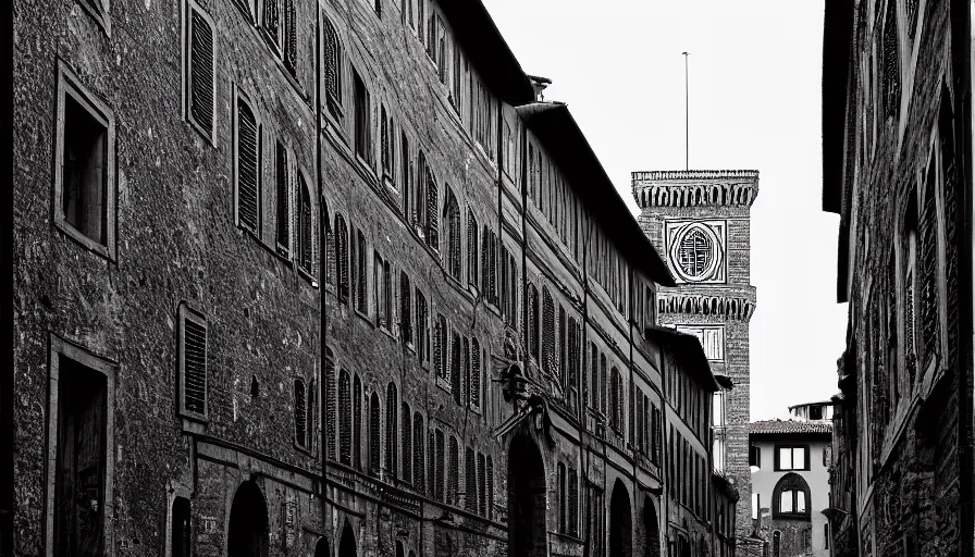 Image similar to florence old street in 1 6 th century with a tower in background, line art, black and white, dramatic lighting, cinematic composition, concept art