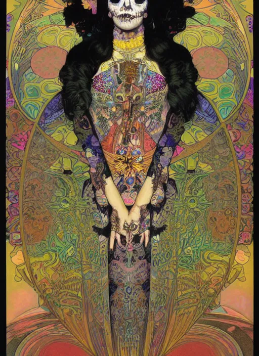 Image similar to psychedelic poster art of a cute punk goth fractal mandelbrot Día de los Muertos tattooed girl posing by Victor Moscoso Rick Griffin Alphonse Mucha Gustav Klimt Ayami Kojima Amano Charlie Bowater, masterpiece