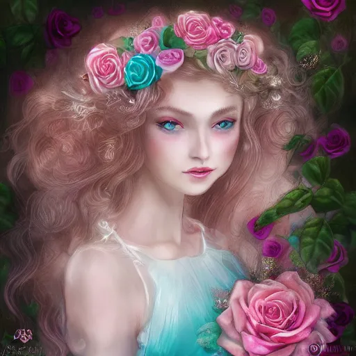 Prompt: a beautiful young girl, pale, turquoise eyes, curly blond, angle face, roses in her hair, phantasy, fairy, long white hyperdetailed dress in pale pink and white, secret garden, cinematic, trending on art station
