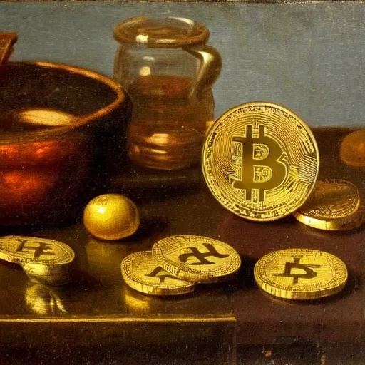 Image similar to Dutch oil painting from the 1600s, bitcoins on a table