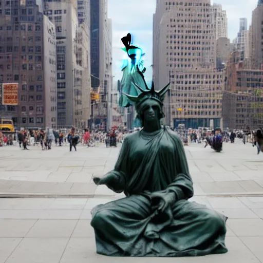 Image similar to liberty statue sitdown pose, new York background, very convincing