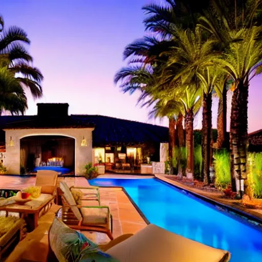 Image similar to Backyard with a pool, palm trees and patio with a fireplace in the middle of the sofas, big beautiful street lamps, Night Time