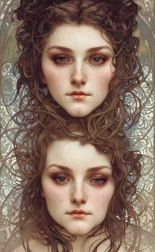 Prompt: hyper-realistic detailed face portrait of attractive chubby mature woman by Alphonse Mucha, Ayami Kojima, Amano, Charlie Bowater, Karol Bak, Greg Hildebrandt, Jean Delville, and Mark Brooks, Art Nouveau, Neo-Gothic, gothic, rich deep moody colors