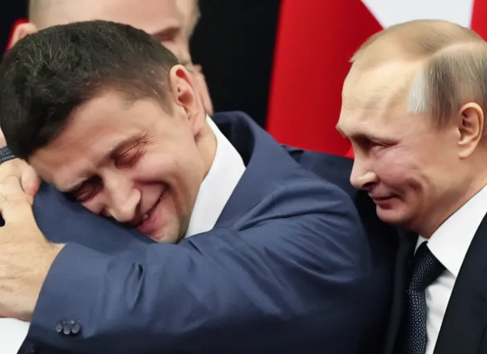 Prompt: Vladimir Putin and Volodymyr Zelensky hugging each other after signing the peace treaty