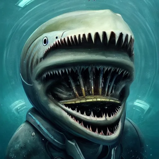 Image similar to beautiful painting of a white armored sharkman exploring the bottom of the ocean in the style of Simon Stålenhag and H. R. Giger, detailed, trending on Artstation