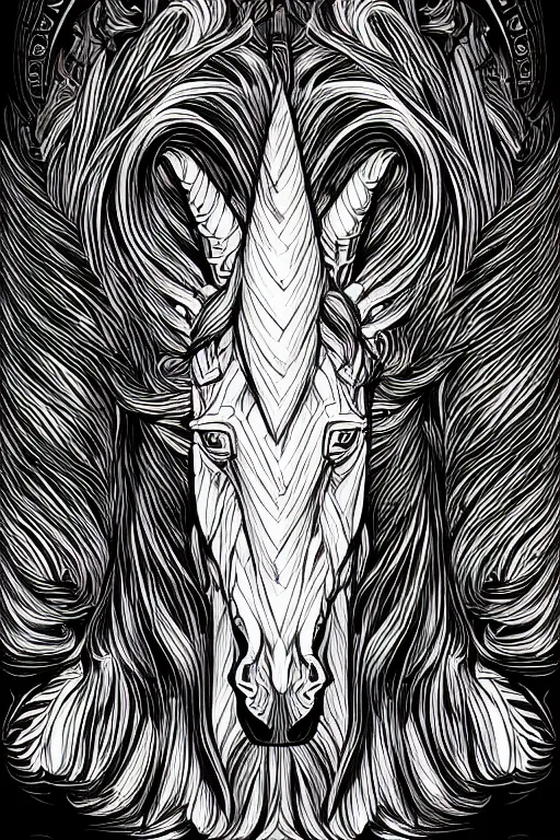 Image similar to evil unicorn, symmetrical, highly detailed, digital art, sharp focus, trending on art station, red and black