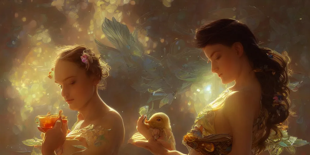 Image similar to baby bird, sunrise, pot of gold, rainbow, sci-fi, fantasy, intricate, very very beautiful, elegant, highly detailed, digital painting, artstation, concept art, smooth, sharp focus, illustration, art by artgerm and greg rutkowski and alphonse mucha