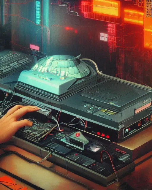 Prompt: a console of 8 0 s era technology, vintage shapes, retro technology, vintage color. ghost in the shell style by wayne barlow, oil on canvas, deep depth of field, masterpiece, cinematic composition, hyperdetailed