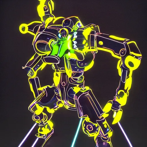 Image similar to the headless fullmetal kerberos robot sirius in electrical wired neon yellow noir outfit, with eyelike neon lights in its torso, colored manga illustration by yoji shinkawa and james jean