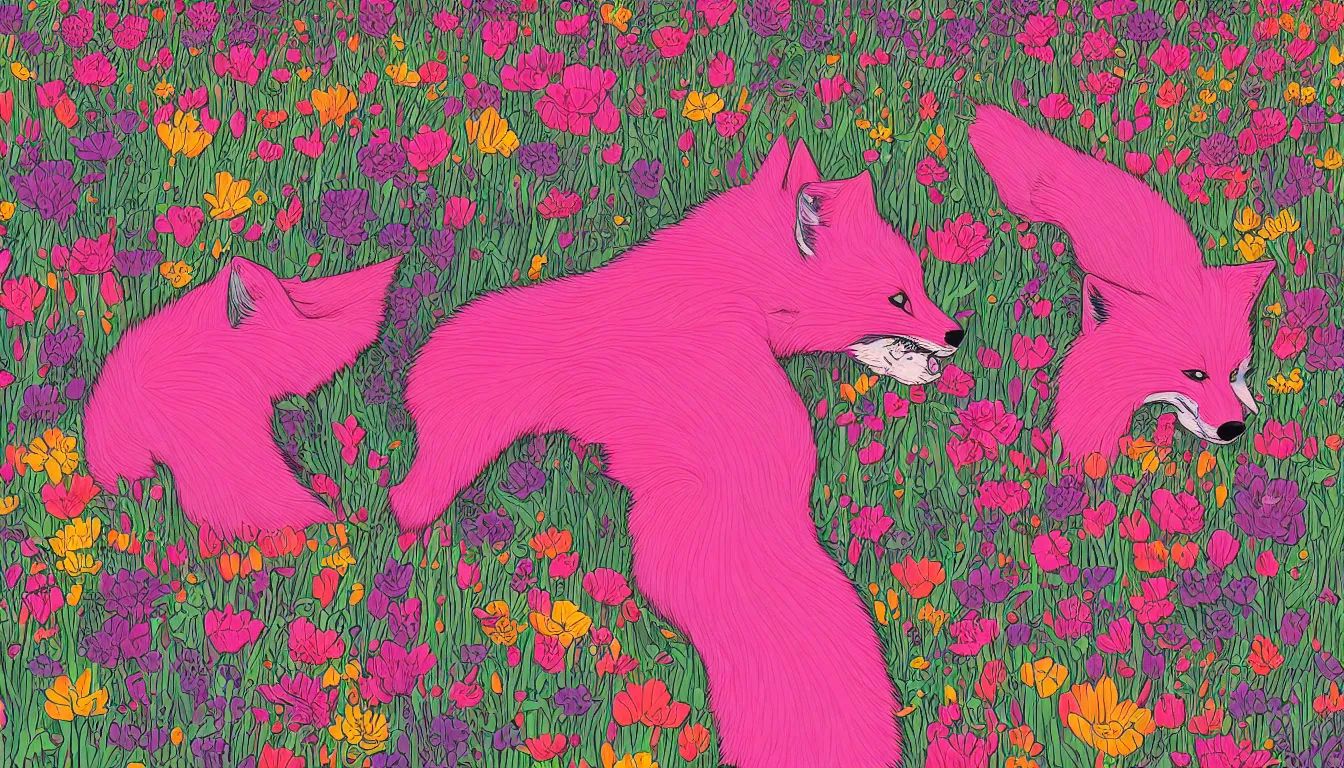 Prompt: pink fox head popping out of a field of multi colored flowers by Kilian Eng