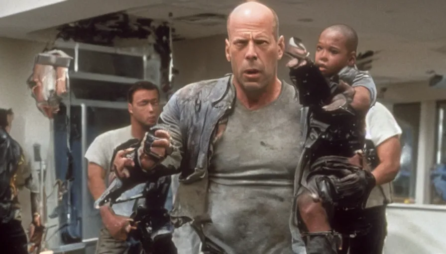 Image similar to big budget action movie about Bruce Willis destroying a children's hospital.