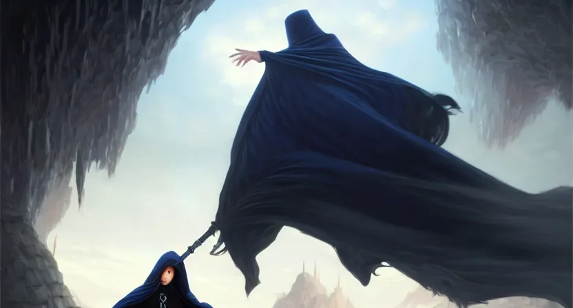 Image similar to handsome mage running away from giant airship, black hair wearing square hooded gothic navy cloak holding a stave, cave town, movie action still frame, ultra wide horizon, intricate, elegant, highly detailed, hyperrealism, digital painting, concept art, smooth, sharp, focus, illustration, art by artgerm, greg rutkowski, ilya kuvshinov