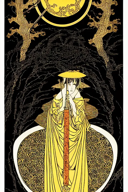 Image similar to highly-detailed vector image of a tarot card by takato yamamoto. natural light, light leaks. 8K HD wallpaper. Black 2.0, metallic gold, metallic silver color scheme.