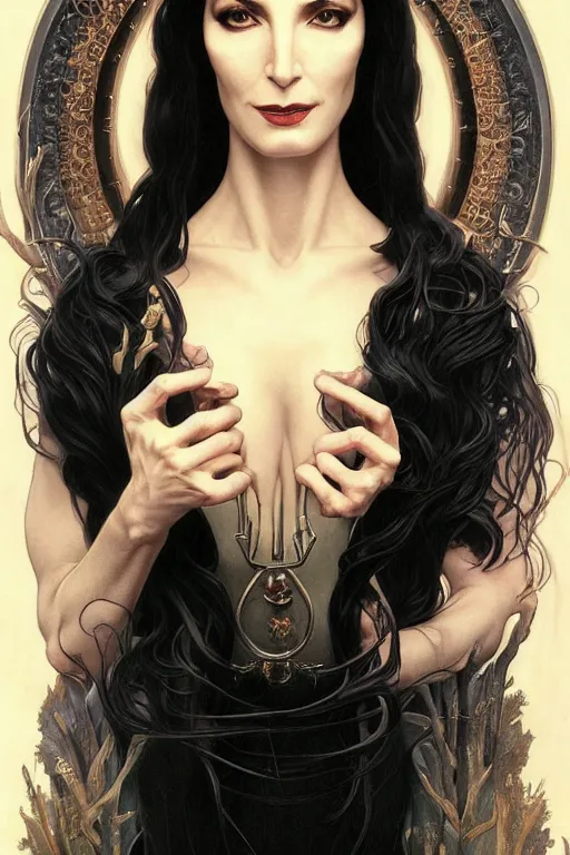 Prompt: claudia black as morticia addams, masterpiece, intricate, elegant, highly detailed, digital painting, artstation, concept art, smooth, sharp focus, illustration, art by artgerm and greg rutkowski and alphonse mucha and uang guangjian and gil elvgren and sachin teng, symmetry!!