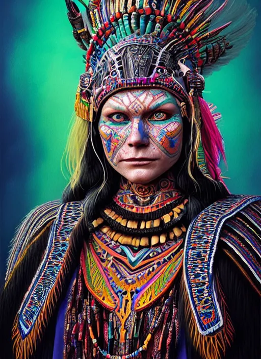 Image similar to portrait of kirsten dunst, hyper detailed ultra sharp aztec shaman warrior. trending on artstation, warpaint aesthetic, bloodwave, colorful, psychedelic, ornate, intricate, digital painting, concept art, smooth, sharp focus, illustration, art by artgerm and greg rutkowski and h. r. giger, 8 k