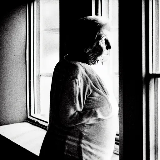 Image similar to black and white photograph portrait of a depressed beautiful old woman standing by the window, natural light, lomo, fashion photography, film grain, soft vignette, sigma 85mm f/1.4 1/10 sec shutter