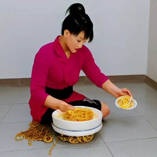 Image similar to Award winning photograph of Chun Li sitting on the floor eating ramen noodles