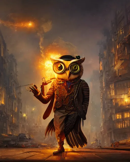 Image similar to oil painting of Anthropomorphized Steampunk Owl shooting steampunk gun, sharp focus, exploding golden steampunk city background, full body, heroic pose, fantasy style, octane render, volumetric lighting, 8k high definition, by greg rutkowski, highly detailed, trending on art Station, magic the gathering artwork, centered, dramatic artwork