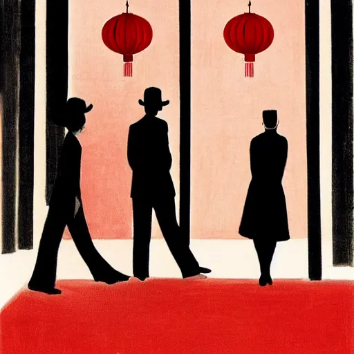 Image similar to night club, five red chinese lanterns, people's silhouettes close up, minimalism, by edward hopper