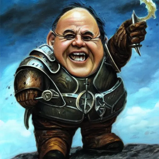 Image similar to last selfie taken by, oilpainting a tolkien dwarf, resembling Danny Devito wearing metal Armour that is smiling, in combat, apocalyptic, smoldering ruins, corpses on the ground, gore, fire