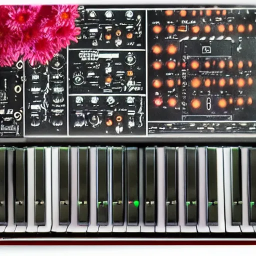 Image similar to moog synth with flowers and tiny hallucinations, by alexandros pyromallis