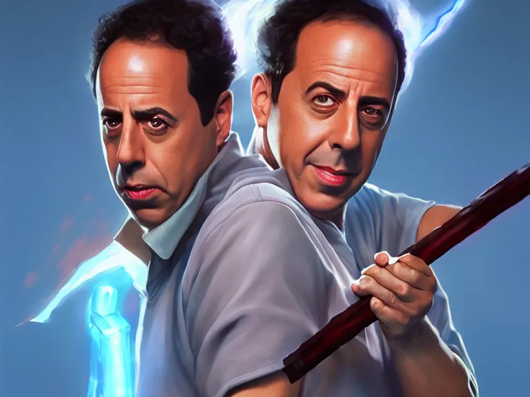 Image similar to portrait of jerry seinfeld from seinfeld as a fighter wielding a microphone weapon, rule of thirds, sky blue gradient, photorealistic facial features, league of legends splash art, by chengwei pan, huang guangjian, viktoria gavrilenko, artgerm, greg rutkowski, 8 k, octane, digital painting, artstation