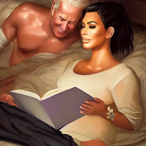 Image similar to portrait of kim kardashian reading a bedtime story to joe biden in bed, an oil painting by ross tran and thomas kincade