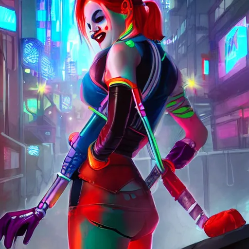 Image similar to Harley Quinn in a cyberpunk street, concept art, digital art, well detailed, trending on artstation, with neon colors, 8k