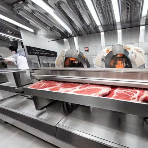 Image similar to butcher shop with robotic kuka robot cutting machines, steel countertops display various cuts of meat, photorealistic, highly detailed