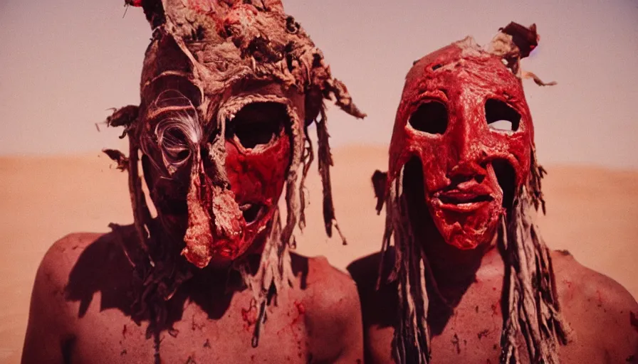 Image similar to high realistic photo portrait of esoteric tribes members with meat flesh bloody mask and elaborate red clothes in the desert, cinestill 800t 35mm, heavy grain, high quality,