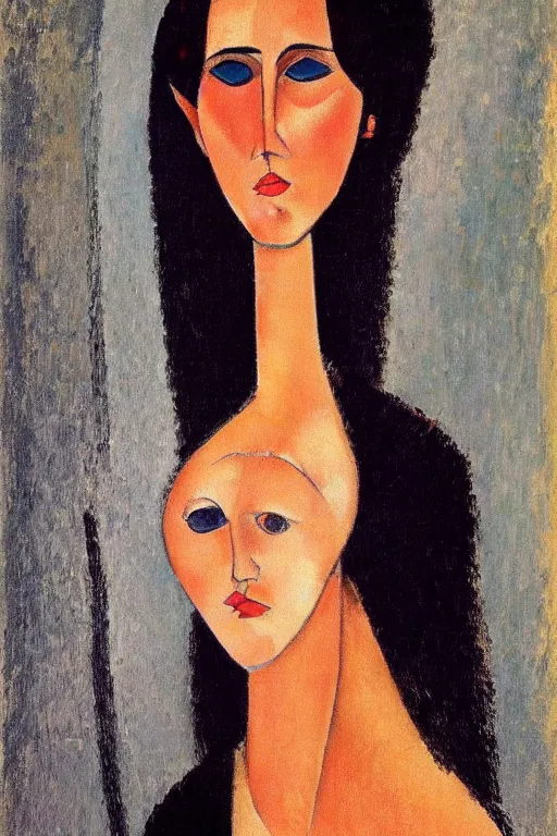 Image similar to woman portait by modigliani, intricate, highly detailed, hyper realistic, soft shadow