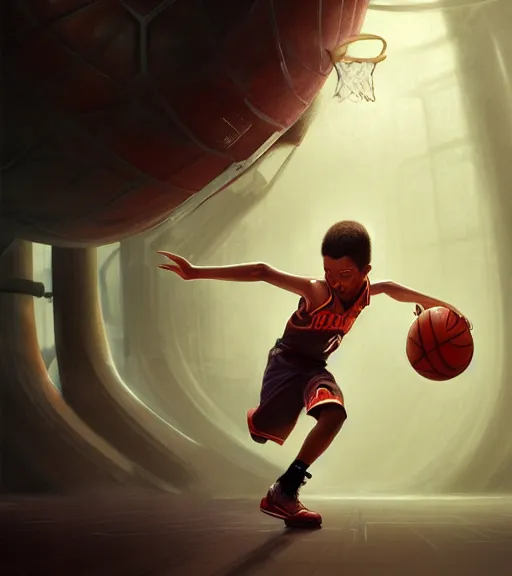 Prompt: portrait of a boy playing basketball in a basketball court, intense emotion, intricate, elegant, highly detailed, centered, digital painting, artstation, concept art, smooth, sharp focus, illustration, by Peter Mohrbacher, WLOP