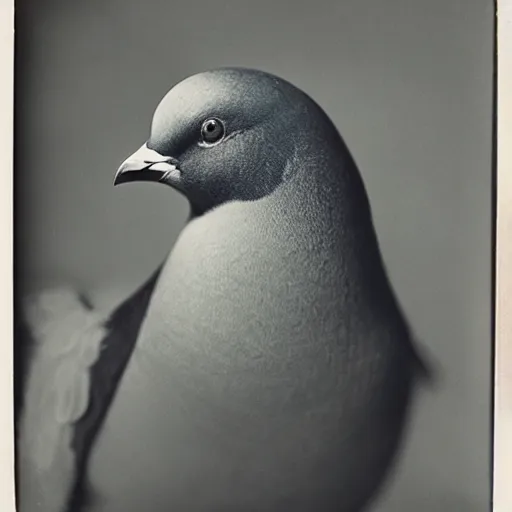 Prompt: Tintype photograph of chonky pigeon as an overweifght subject. 1990s studio lighting.