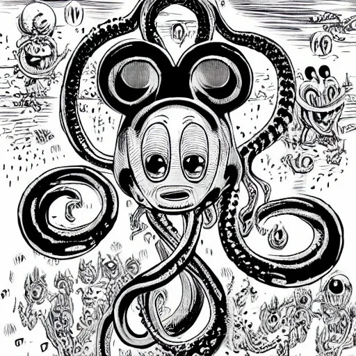 Image similar to A tentacle monster with faces of Mickey Mouse by Kentaro Miura, highly detailed, black and white