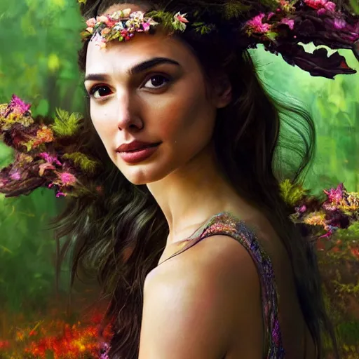 Image similar to Portrait of the beautiful woman Gal Gadot, she is a forest nymph, she is posing, she has a crown of flowers, she is sitting on an ancient forest, there is fog and lots of extravagant leafs, she is getting ulluminated by the rays of the sunset, the photo was taking by Steve McCurry, matte painting, oil painting, naturalism, 4k, 8k