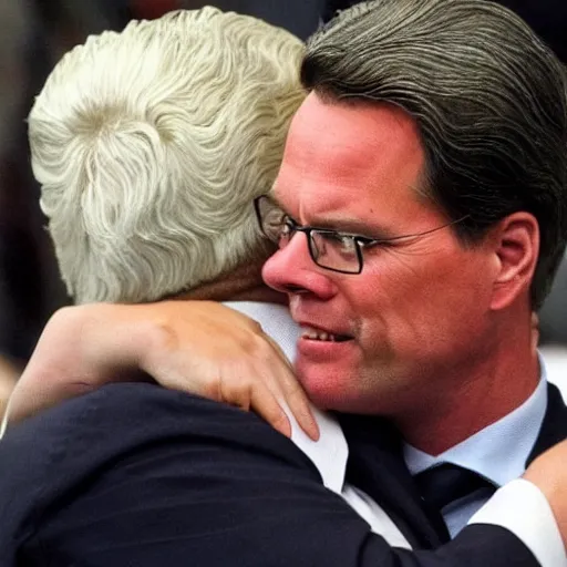 Prompt: mark rutte hugging geert wilders